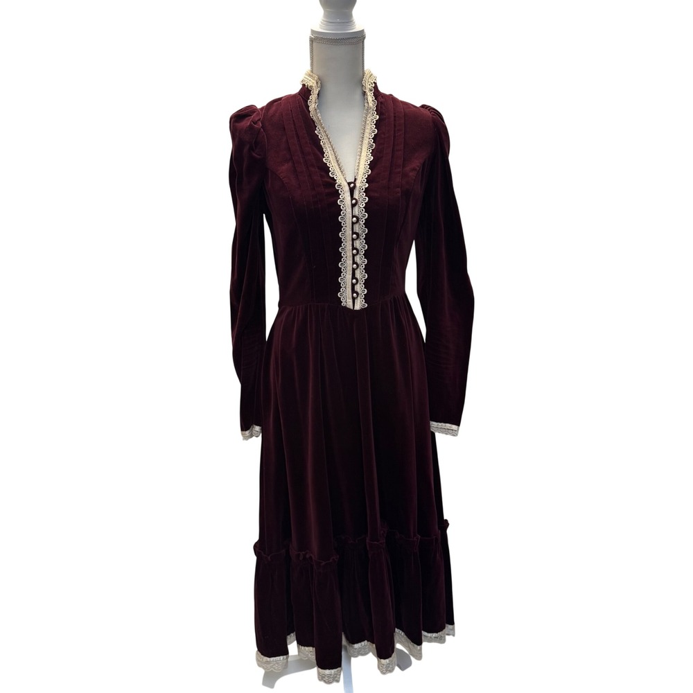 Vintage Burgundy Velvet Lace Trim Midi Dress Victorian Prairie Style 4-6